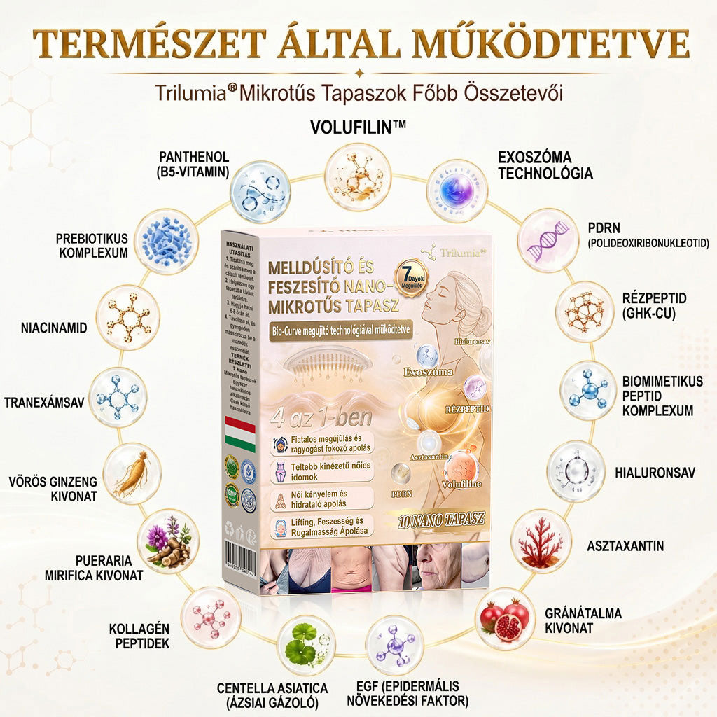 Trilumia®🏆 Mellvolumen, Emelés és Feszesítés Támogatására Szolgáló Nano Mikrotűs Tapasz Volufiline + Exosome + Rézpeptid Formula Sejtmegújító Technológiával Támogatva